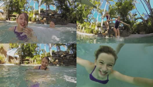 小女孩在游泳池里蹦蹦跳跳高清在线视频素材下载