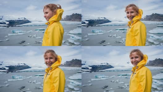 游客欣赏冰川泻湖高清在线视频素材下载