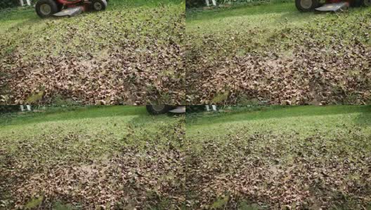 骑着拖拉机，割草机沿着前院的地面吹干了叶子高清在线视频素材下载