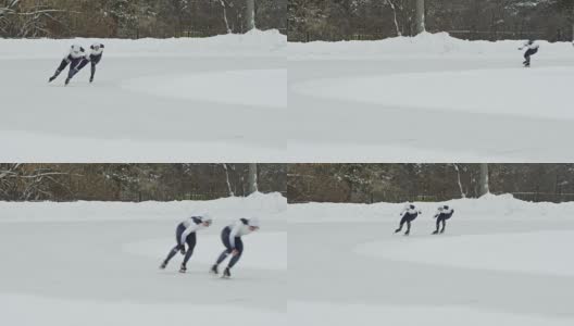 运动员在室外溜冰场进行速滑高清在线视频素材下载