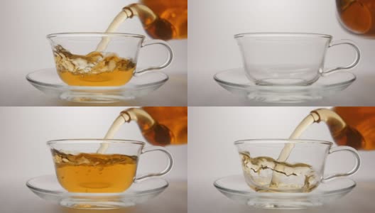 慢镜头:茶从一个透明的茶壶中流出高清在线视频素材下载