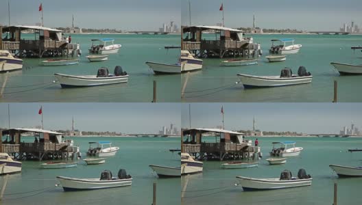 巴林。渔民的房子和船。麦纳麦天际线高清在线视频素材下载