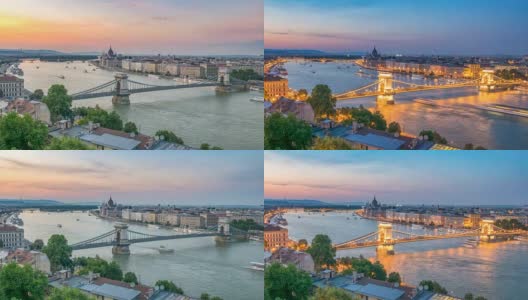 布达佩斯城市天际线在多瑙河上的日日夜夜流逝，匈牙利布达佩斯4K时间流逝高清在线视频素材下载