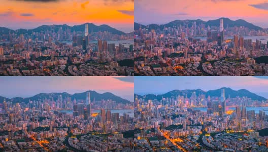 4k时间的日出香港市景，观景从狮子山山顶，香港高清在线视频素材下载