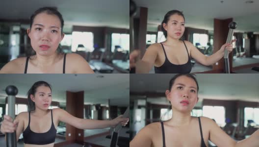 健身房锻炼的年轻美丽和流汗的亚洲韩国女人训练在酒店或健身俱乐部努力在有氧椭圆机运动和健康的生活方式的概念高清在线视频素材下载