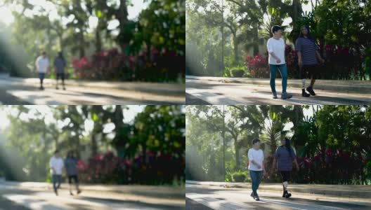亚洲印度女性假肢截肢者和中国老年妇女在公园散步高清在线视频素材下载