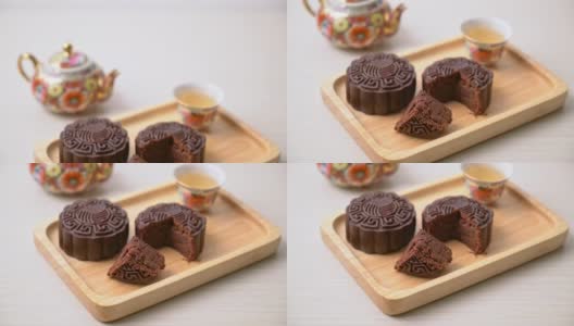 中国月饼黑巧克力味木盘高清在线视频素材下载