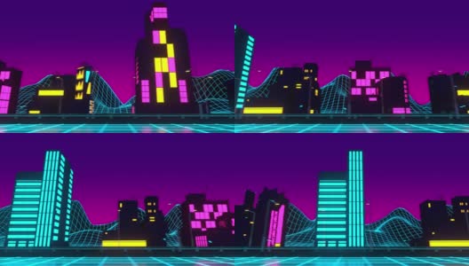 霓虹城市复古背景3d渲染。未来景观的循环动画高清在线视频素材下载
