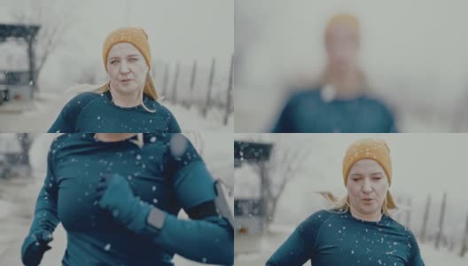 SLO MO女人在雪地里慢跑高清在线视频素材下载