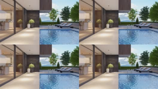 现代别墅后院与游泳池黄昏概念。森林。副本的空间。高清在线视频素材下载