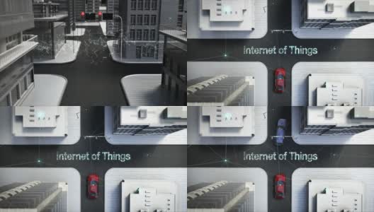 自动驾驶汽车在十字路口连接“互联网”控制系统，俯视图，4k动画。高清在线视频素材下载
