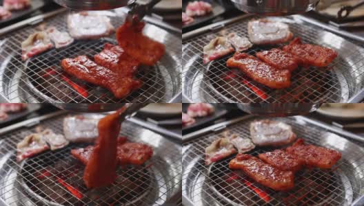烤猪肉牛肉韩国烧烤高清在线视频素材下载