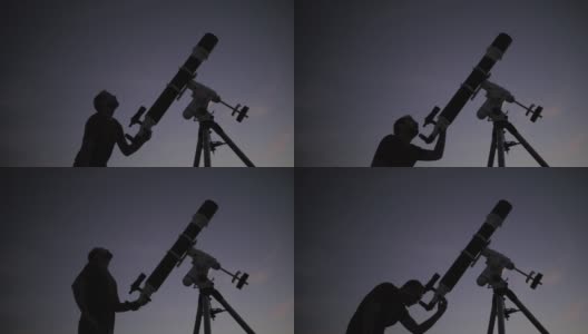 一个人的剪影，望远镜和夜空。业余天文学的概念。高清在线视频素材下载