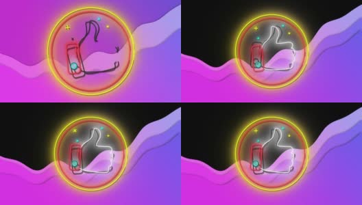 动画的霓虹灯大拇指像象征在黄色和红色的环，与紫色波浪在黑色高清在线视频素材下载