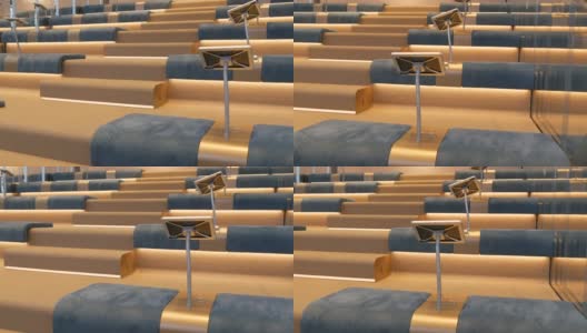 现代的室内空荡荡的会议厅蓝色的座位整齐的一排排椅子空的地方观众礼堂听众商务公共活动正式会议没有人在教育讲座会议室租用高清在线视频素材下载