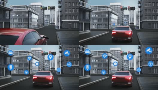 物联网汽车连接交通信息图形图标控制系统，无人驾驶汽车自动驾驶物联网。4 k动画。高清在线视频素材下载
