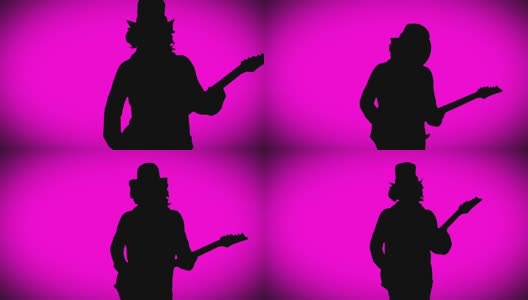 戴着帽子的酷摇滚吉他手正在粉色背景上弹奏电吉他。高清在线视频素材下载