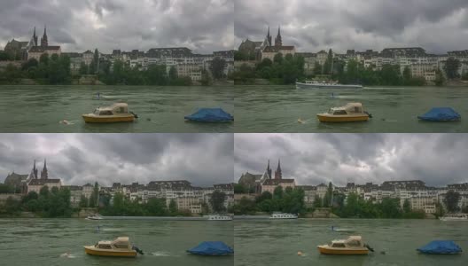 美丽的莱茵河堤岸全景在瑞士巴塞尔市。浮动的船只。高清在线视频素材下载