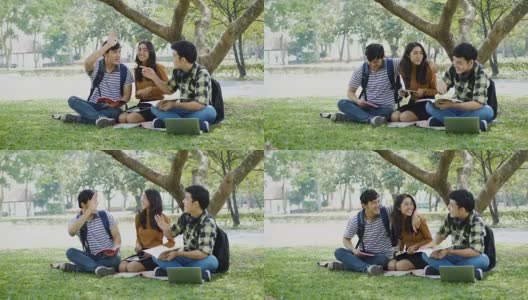 一群年轻快乐的大学生嗨五手，享受坐在草地上的公园户外高清在线视频素材下载