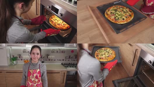 女孩从烤箱里拿出热披萨高清在线视频素材下载