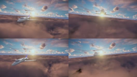 日落时，塞斯纳在云层上空飞行高清在线视频素材下载