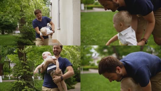 爸爸在外面和他的金发小儿子玩。抱着他，玩耍。又与他亲嘴，放在地上。绿色的草。慢动作高清在线视频素材下载