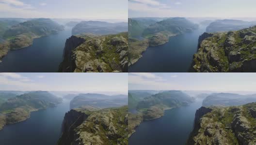 挪威吕瑟峡湾的布道石，讲坛摇滚的视频。鸟瞰图。高清在线视频素材下载
