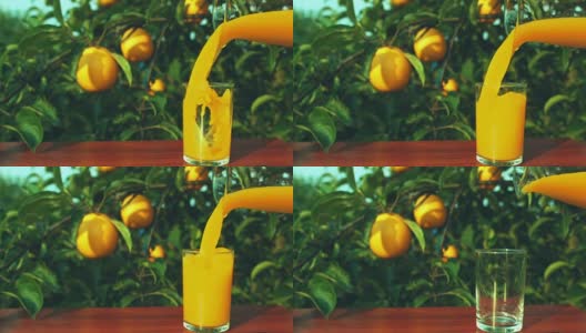 把橙汁从壶里倒进玻璃杯里高清在线视频素材下载