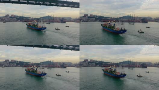 傍晚鸟瞰香港葵青货柜码头及昂船洲大桥高清在线视频素材下载