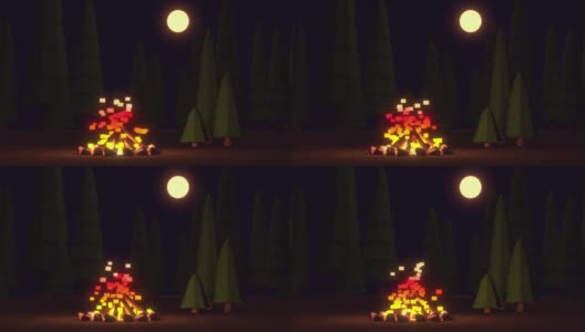 森林中篝火的低多边形动画。夜里松树附近着火了。月光洒在森林里。高清在线视频素材下载