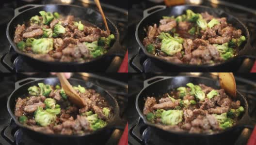 烹饪西兰花牛肉的慢动作视频高清在线视频素材下载