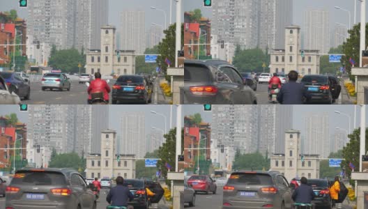 晴天长沙市中心交通街道环形钟楼人行道全景4k中国高清在线视频素材下载