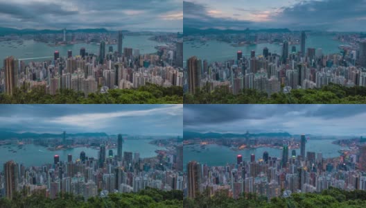 鸟瞰图中区和位于维多利亚港的国际金融中心(国际金融中心大厦)，以及从山顶眺望香港海滨高清在线视频素材下载