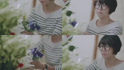 亚洲花匠在花店安排花束高清在线视频素材下载
