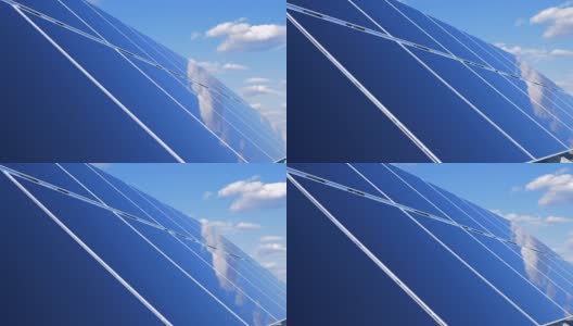 一组反射天空的太阳能电池板的特写。太阳能电池板的农场。高清在线视频素材下载