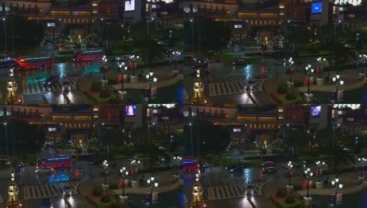 中国雨夜澳门交通灯火通明街广场全景4k高清在线视频素材下载