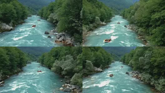 无人机拍摄的人白水漂流在胭脂河高清在线视频素材下载