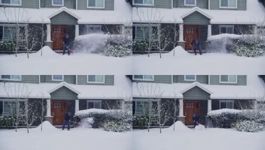 在家门口铲雪的男人高清在线视频素材下载