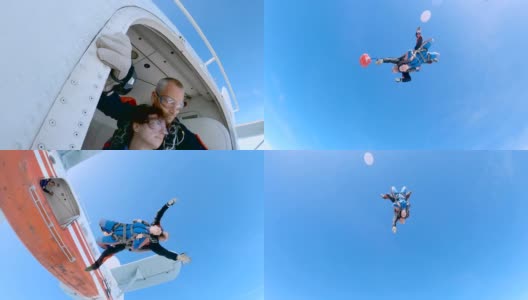 教练和一名女子正带着降落伞跳出飞机。高清在线视频素材下载