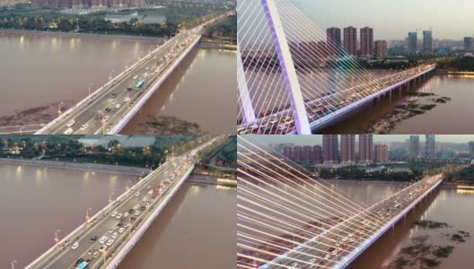 河流上方城市交通鸟瞰图高清在线视频素材下载