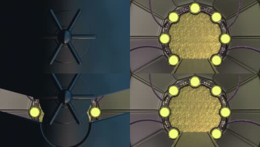 铁舱口打开宇宙飞船景观的全景场景。3d抽象背景科幻走廊与门户。未来技术抽象VJ技术标题和背景。高清在线视频素材下载
