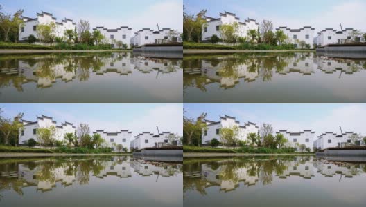 上海公园里美丽的徽派建筑倒影在水中，4k镜头。高清在线视频素材下载