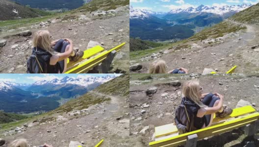 Muottas Muragl山顶的一个女人高清在线视频素材下载