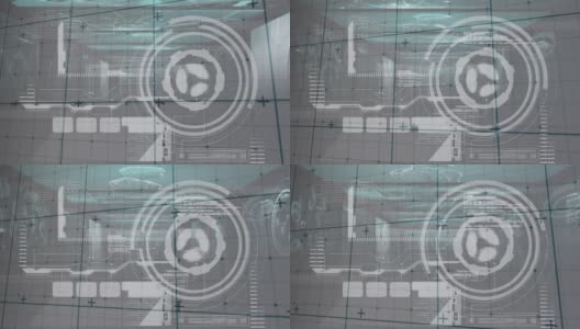 动画的蓝色网格在圆形扫描仪和处理数据的灰色背景高清在线视频素材下载