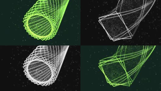 摘要发光绿色粒子形成三维物体。Vj循环作为虚拟数字空间的bg。粒子形成全息影像的形状，作为大数据、网络或vr空间的概念。科幻运动设计bg。高清在线视频素材下载