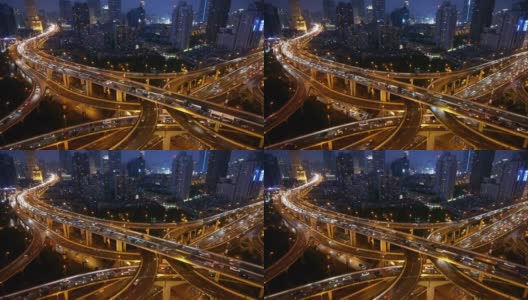 时间流逝，上海夜景汽车交通堵塞在立交桥立交。高清在线视频素材下载