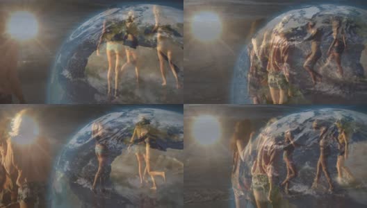 动画旋转地球上的女性朋友走在阳光灿烂的海滩高清在线视频素材下载