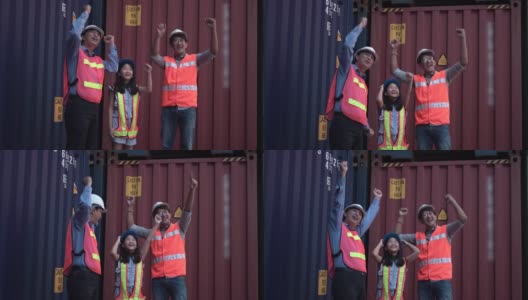 快乐的一家人参观货箱现场，快乐的父女和高级工程师在船厂庆祝高清在线视频素材下载