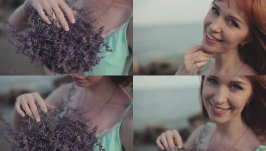 特写镜头。美丽性感的女孩与鲜花在阳光明媚的天气在大海的背景高清在线视频素材下载