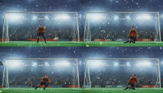 在职业足球场，足球守门员跳起扑球失败。体育场和人群是在3D和动画高清在线视频素材下载